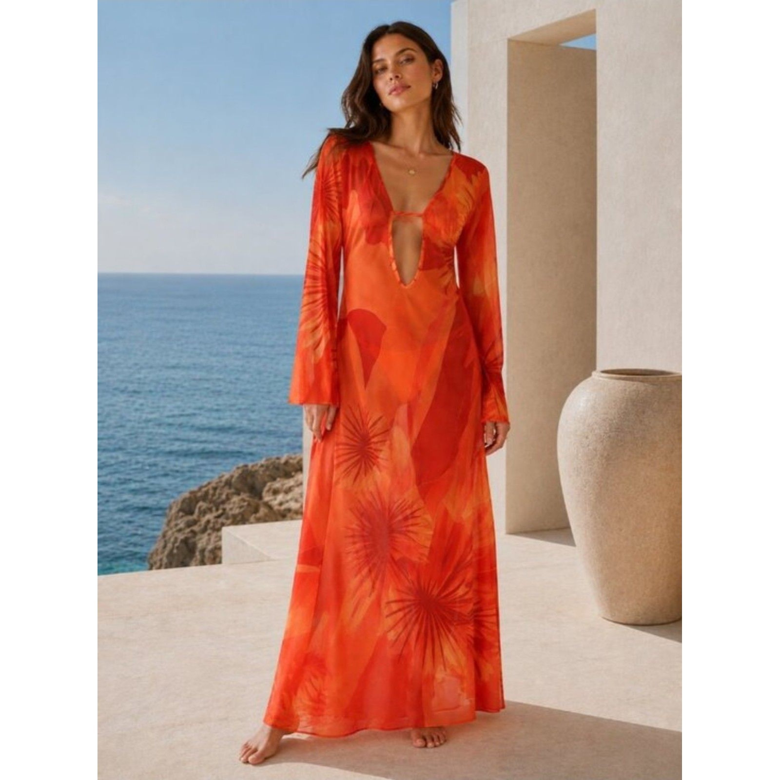 Caroline Constas Mesh Midi Dress Cover Up M Orange With Red & Yellow Tiedye New